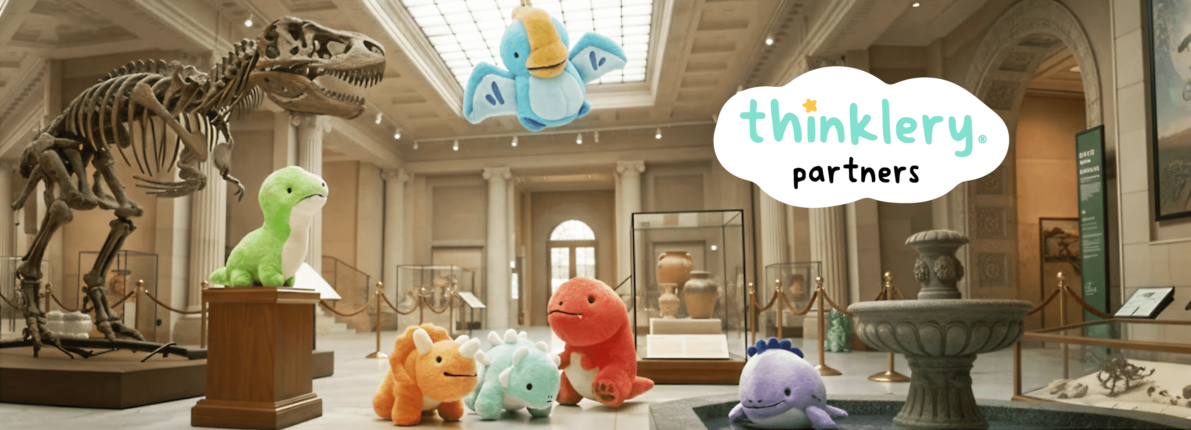 Thinklery partners, plush characters in a museum exhibition space