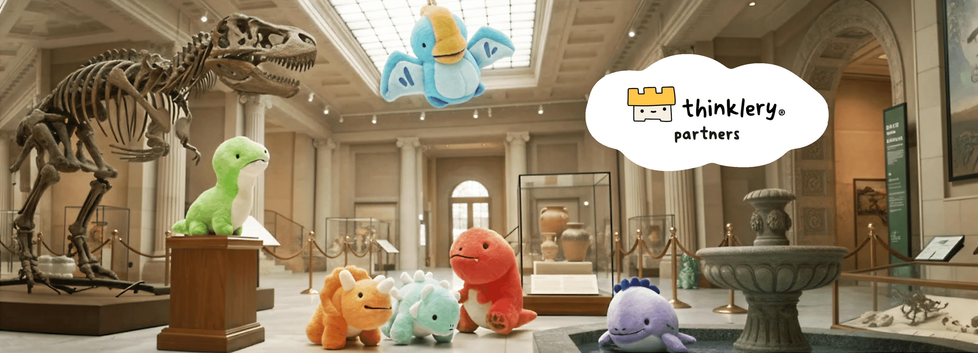 Thinklery partners, plush characters in a museum exhibition space